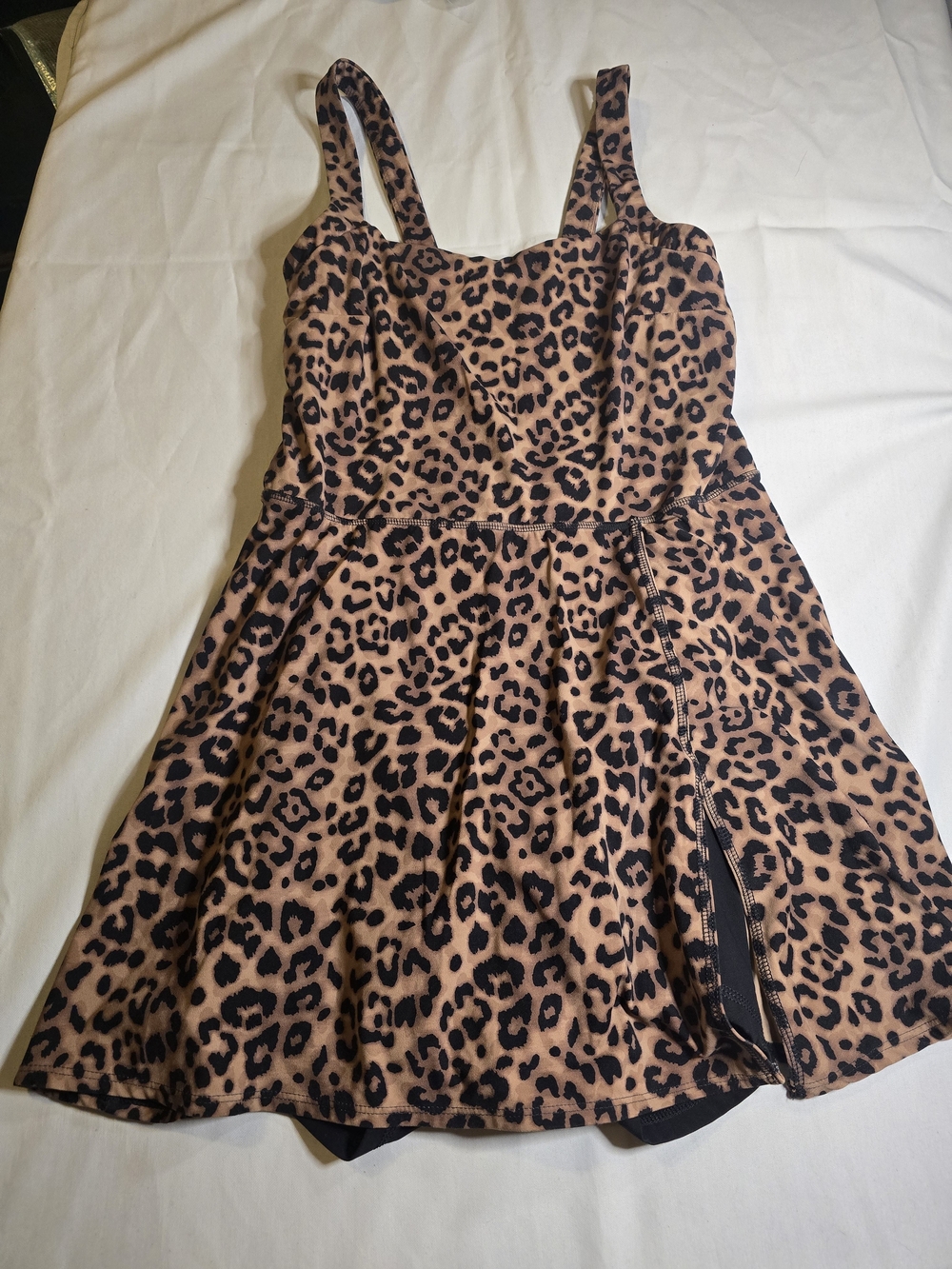 JoyLab Women's Knit Squareneck Slit Active Leopard Print Sleeveless Skater Dress